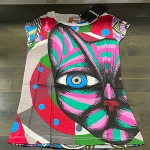 NWT Desigual Girls Cat Graphic Short Sleeve Cotton Top